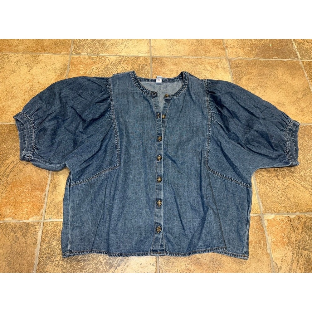 Old Navy Womens XL Denim Puff Sleeve Button Down Blouse Medium Wash Cropped Top